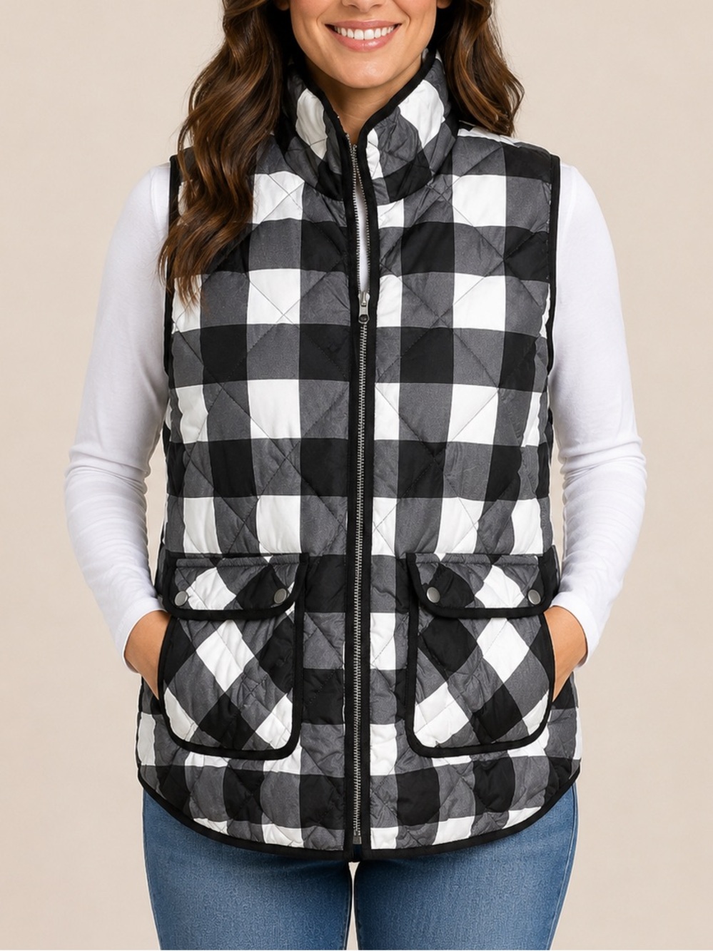 Woolrich Women’s Quilted Buffalo Plaid Down Vest Black White M NWT